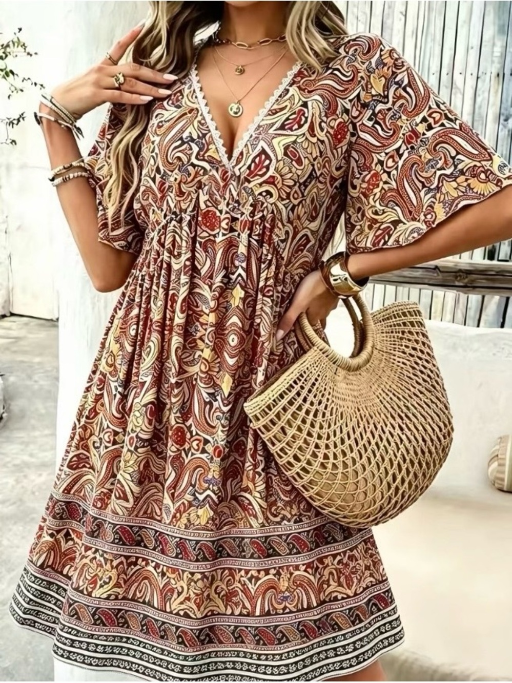 Boho V-Neck Floral Midi Dress in Rust